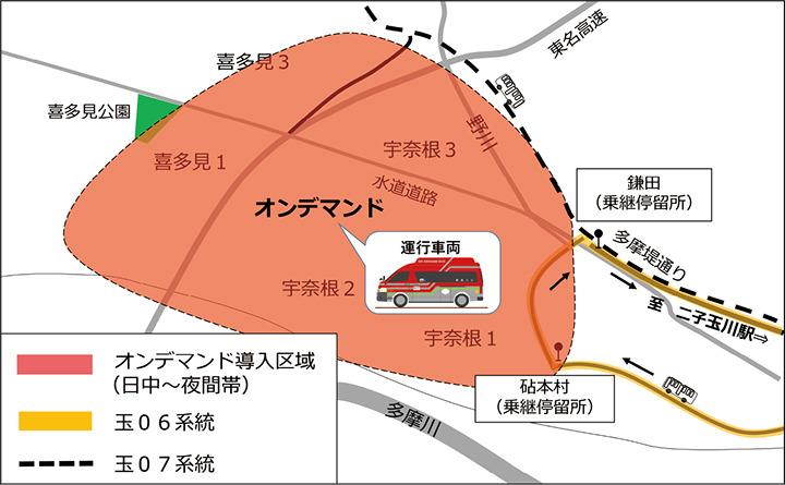 オンデマンド輸送（予約制）から乗り継ぎ　二子玉川駅方面へ