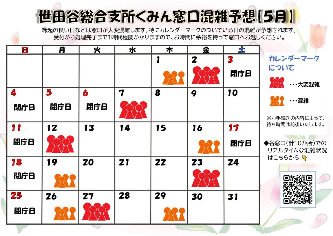 5月の混雑予想です。特に混むと予想されるのは、5月1日、2日、7日、12日、16日、19日、23日、26日、27日、29日です。