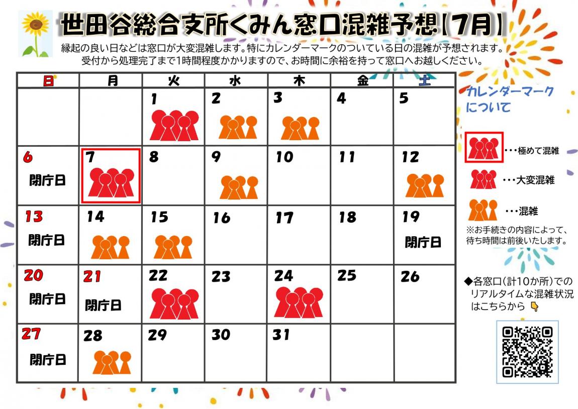 7月の混雑予想です。特に混雑が予想される日は1日、2日、3日、7日、9日、12日、14日、15日、22日、24日、28日です。