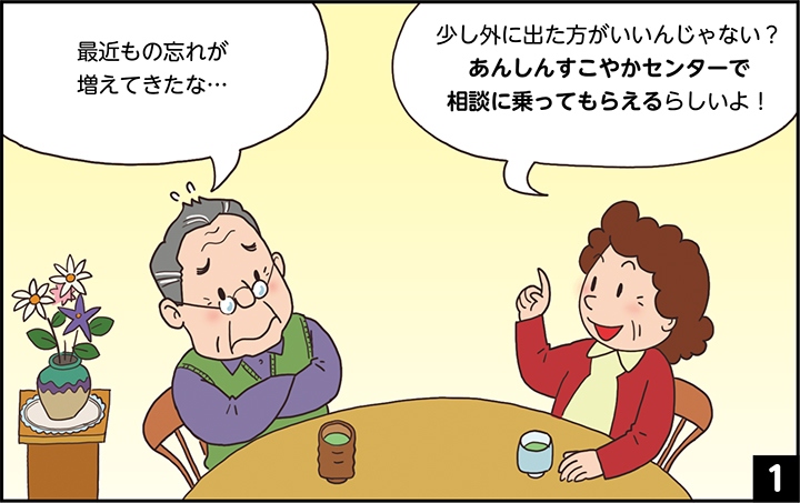 [1]「最近もの忘れが増えてきたな…」「少し外に出た方がいいんじゃない？あんしんすこやかセンターで相談に乗ってもらえるらしいよ！」