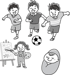 眠っている赤ちゃん、サッカーをする子どもたち、自由に絵を描いている子どものイラスト