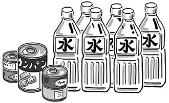 各家庭における備蓄（缶詰や水など）のイラスト