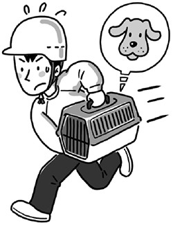 ケージに入ったペットと共に避難をするイラスト