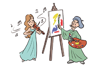 バイオリンを演奏する人と絵を描く人のイラスト
