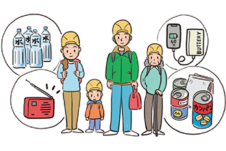 災害への備えをする人々のイラスト