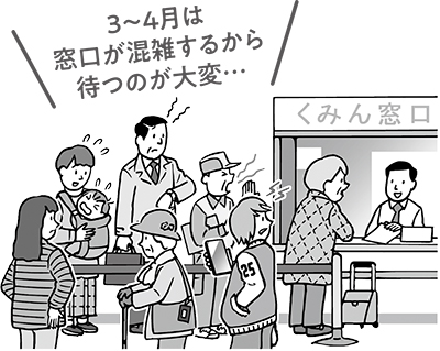 順番を待つ人たちで混雑している窓口のイラスト