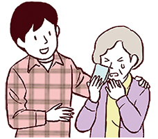 涙を流す高齢の家族の話を聞く若者のイラスト