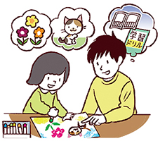 まだできていない学習ドリルのことを思い浮かべながら、お絵描きをしている幼いきょうだいの世話をする子どものイラスト