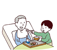 ベッドに寝た状態の高齢の家族の口元へスプーンですくった食事を運ぶ、小さな子どものイラスト