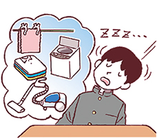 洗濯や掃除のことで頭がいっぱいで、机に座りながら居眠りをする制服姿の学生のイラスト