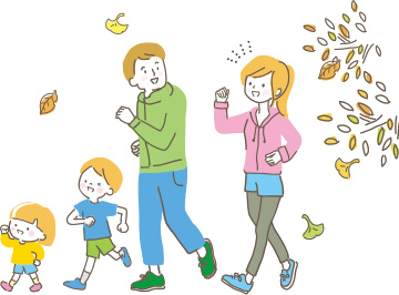 ウォーキングをする家族のイラスト
