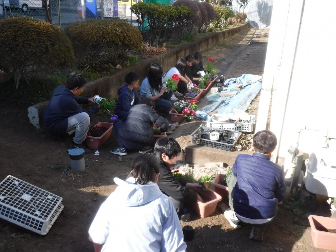 瀬田小学校栽培委員の児童と花壇の補植を行う様子